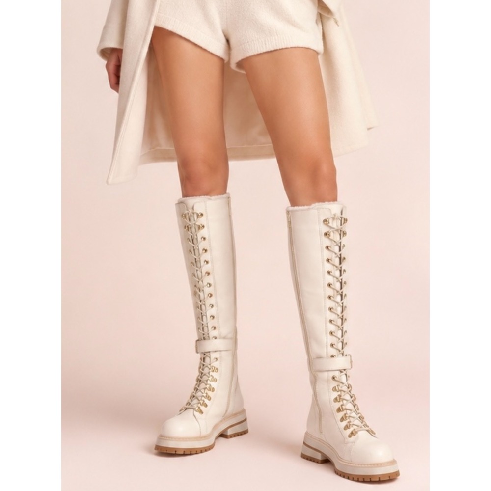 NWT Vinci Leather Knee High Lace Up‎ Boot EU 37 US 7 White Gold Combat Coquette